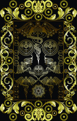 Fototapeta na wymiar Graphic abstract design with occult tarot card. Minor Arcana - Five of Wands. Suitable for invitation, flyer, sticker, poster, banner, card, label, cover, web. Vector illustration.