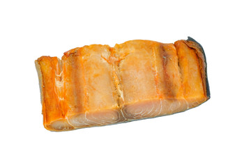 Pieces of dried salted fish on white background