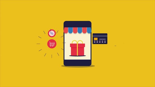 Mobile shopping, ecommerce application on smartphone, online order, payment with credit card, delivery concept. 2d animation, video clip.