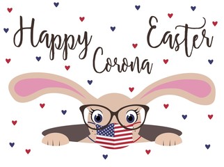 Happy Corona Easter bunny girl with fabric protection mask in a burrow. American flag motif, hearts, eyeglasses
