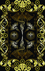 Fototapeta na wymiar Graphic abstract design with occult tarot card. Minor Arcana - Six of Wands. Suitable for invitation, flyer, sticker, poster, banner, card, label, cover, web. Vector illustration.