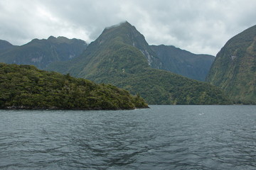Landscape in Doubtful Sound in Fiordland National Park in Southland on South Island of New Zealand
