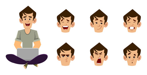 casual man cartoon character sitting on the floor and working or relaxing with laptop