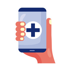Fototapeta premium hand with smartphone and medical cross health online detaild style