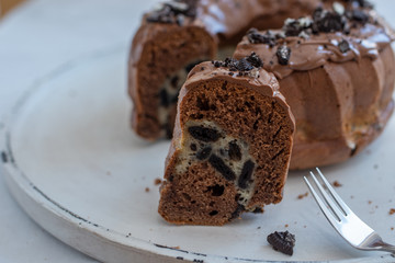 home made Chocolate Oreo Bundt Cake on a table