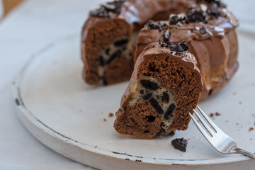 home made Chocolate Oreo Bundt Cake on a table