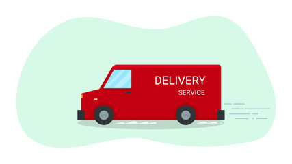 Red delivery van signs. Product goods shipping transport. Fast service truck. Vector illustration.