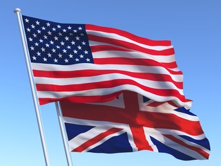 The flags of United States and United Kingdom  on blue sky. 3d illustration