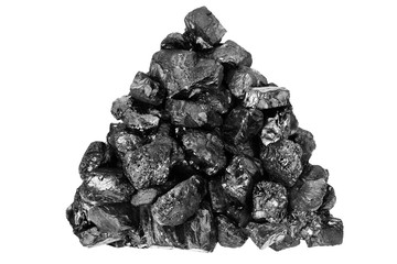 Black coal heap on white background isolated close up, coal stones pile, mineral fossil fuel, anthracite, raw coal mine nuggets, embers pieces, coal mining industry concept, power and energy banner