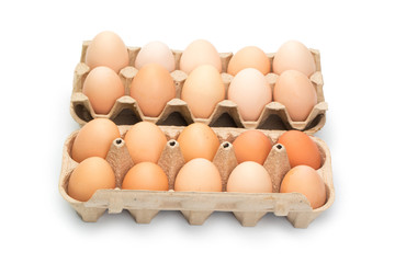  chicken eggs in an open cardboard box with eggs isolated on white. Fresh chicken eggs background.