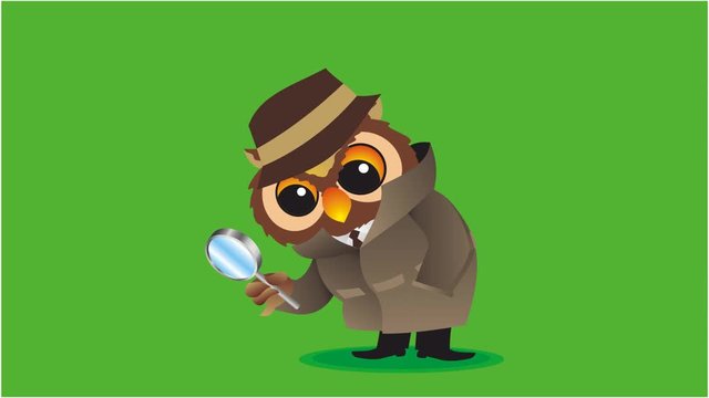 detective owl with magnifier seeing something on floor