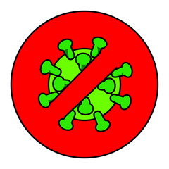 A sign with a symbolic image of a crossed coronavirus in a red circle. Warning or prohibition image to inform about infection.