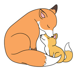 An adult fox, bowing his head to kiss the cub's forehead, the fox is closing his eyes, looking up-Black lines