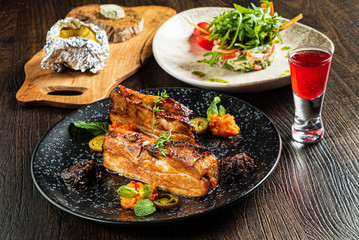 gourmet set on the wooden background, top view