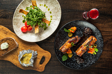 gourmet set on the wooden background, top view