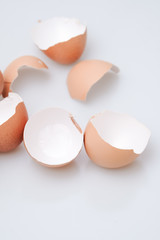 Broken egg shell on white background