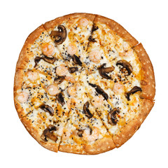 Closeup pizza with mushrooms and shrimp isolated on white. Top view.