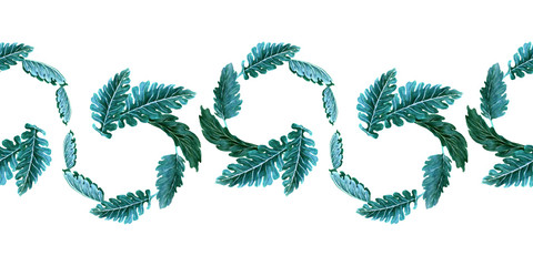 Watercolor seamless borders with spring flowers, buds and twigs with leaves