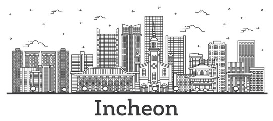 Naklejka premium Outline Incheon South Korea City Skyline with Modern Buildings Isolated on White.