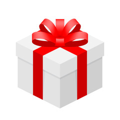 gift box white with ribbon red isolated on white, white square box and red ribbon bow, cardboard gift box for icon, paper white box package for clip art
