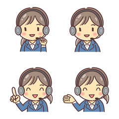 テレオペの女性・ポジティブな表情4種類（コールセンター業務・テレフォンオペレーター）