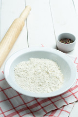 Baking ingredients and kitchen utensils on white background.  Cooking, baking, pastry or cookie cake ingredients