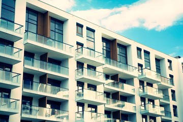 Fototapeta premium Exterior of new apartment buildings on a blue cloudy sky background. No people. Real estate business concept. Retro stylized colorful tonal filter effect.