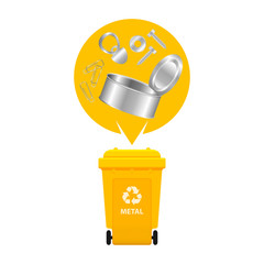 metal waste and yellow recycling plastic bin isolated on white background, plastic bin and metal garbage, waste metal canned, illustration clip art bin, 3r garbage