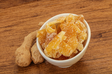 Dry sweet ginger in the bowl