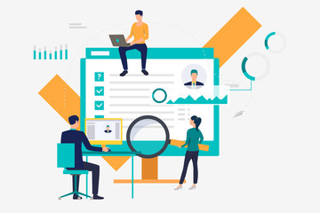 Business people working on computers, searching for applicants. Human resources, staff, management concept. Vector illustration can be used for topics like business, technology, recruitment