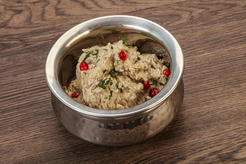 Vagan dietary cusine - mutabal with granet seeds