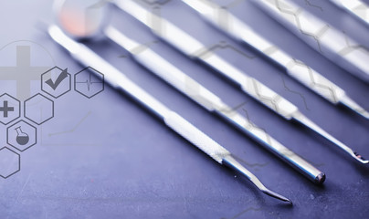 Equipment for the dental office. Orthopedic Instruments. Dental technician with working tools. Dentist metal tools.
