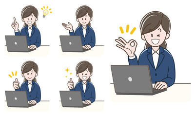 ノートパソコンで仕事をするスーツの女性_セット