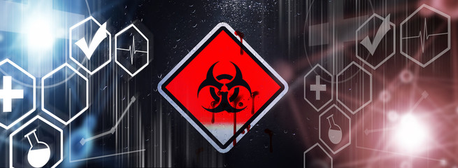 Quarantine. Quarantine warning sign on a glass door in a hospital isolator. Isolation of patients...