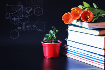 A stack of textbooks and books on the table. The concept of knowledge.