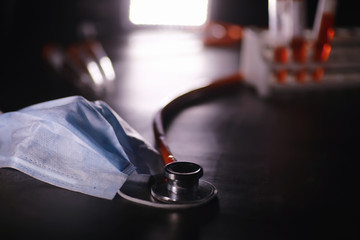 Personal protective equipment. Disposable medical mask. Gauze bandage for respiratory protection. Medical accessories.