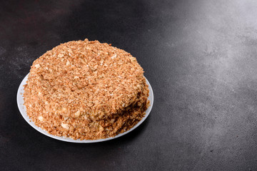 Fresh delicious cake napoleon with cream on a dark background