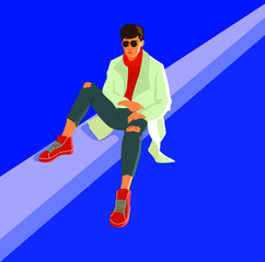 Fashionable man in long coat and torn jeans seating on curb. Isolated vector illustration. Blue background.