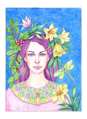 Drawing beautiful young woman with lilies, berries and dragonfly