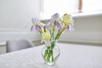 Vase with bouquet of yellow and purple irises on table near the window