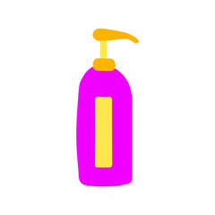 Cartoon bottle of cosmetics. Packaging of soap, cream, lotion for body and face, gel, shampoo, balm. Violet yellow tube with dispenser. Cute Scandinavian fashion product. Vector stock illustration