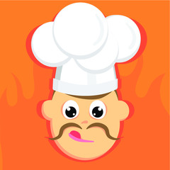 Square illustration of face of chef with moustache on orange background with fire. Flat vector.