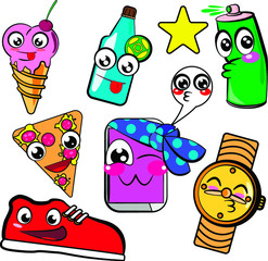 Cool kawaii stickers on white background. Isolated.