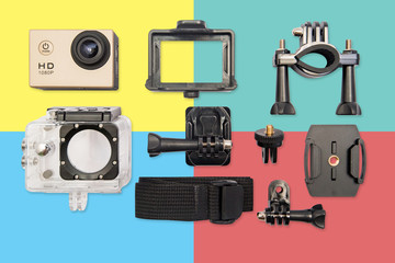 HD action camera isolated on colorful background