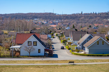 Family house with a street in Sweden in the spring