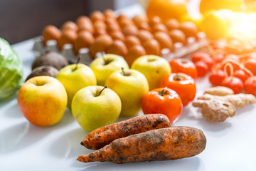 Products delivery of goods during quarrantine. Coronovirus, Covid-19. Fresh vegetables and fruits on table. Stay at home during isolation.