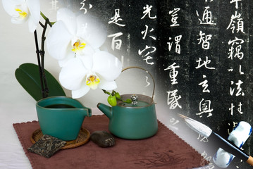 Still life with calligraphy background