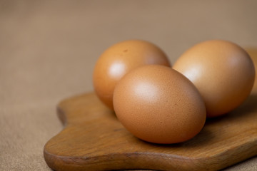 Fresh natural chicken eggs on a wooden stick. Farm brown eggs. On a background of brown fabric
