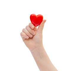 Child's hand holding red heart. Isolated on white.