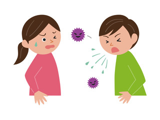 マスクをせずくしゃみをして菌をまき散らす人／迷惑そうな顔をした人